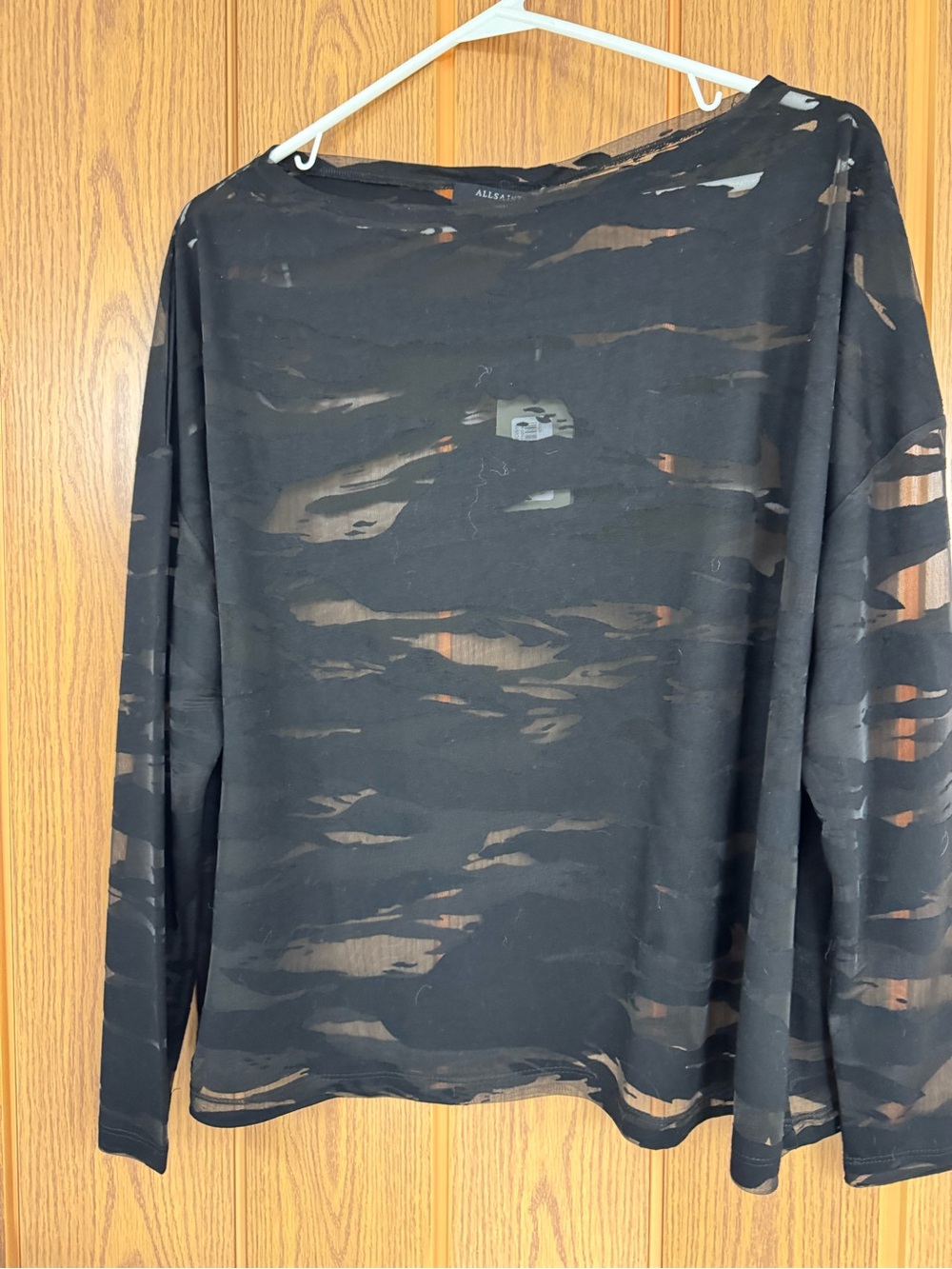 NWT All Saints Black Distressed Semi-Sheer Long Sleeve Tee